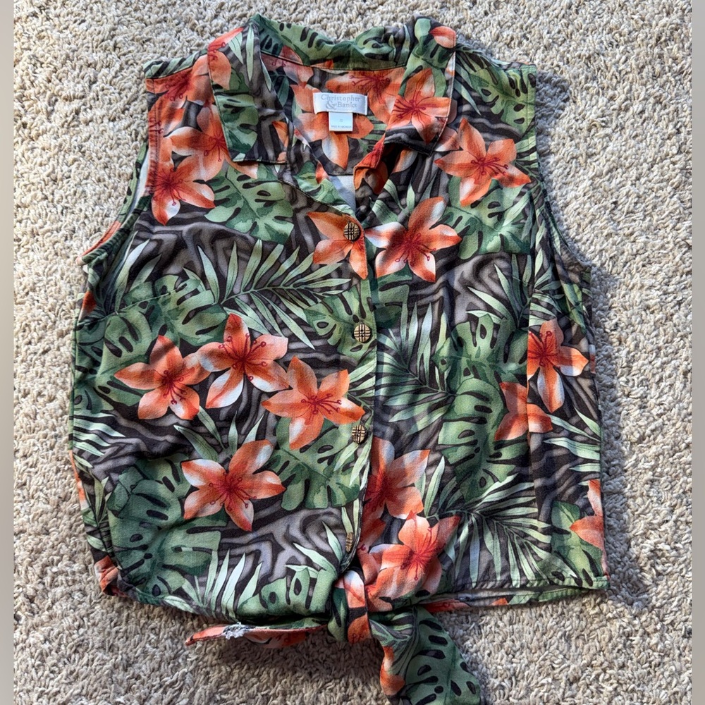 Tropical sleeveless button down blouse